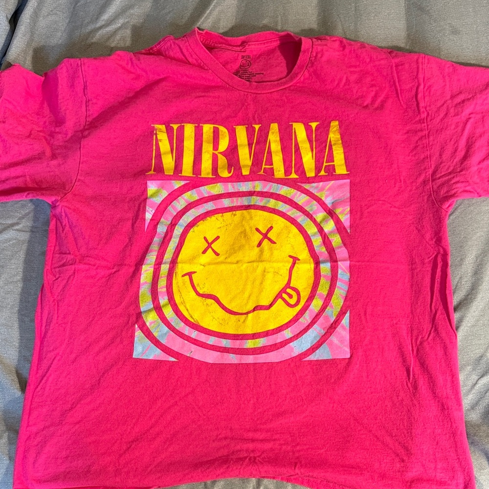 NIRVANA Hot Pink Tee with Yellow Smiley Graphic